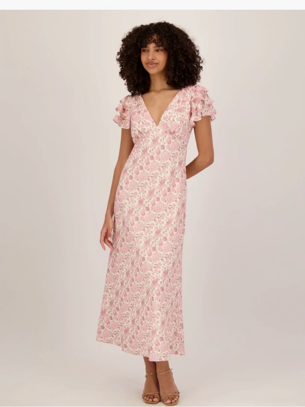 Lulu's Pink Floral V-Neck Ruffle Sleeve Maxi Dress